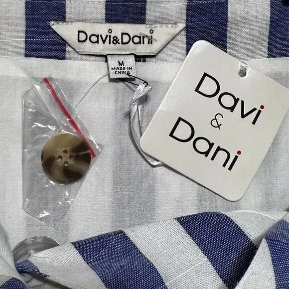 Davi & Dani Blue White Striped Sleeveless Waist Tie Belt Seam Pockets Wrap Dress - Picture 6 of 11